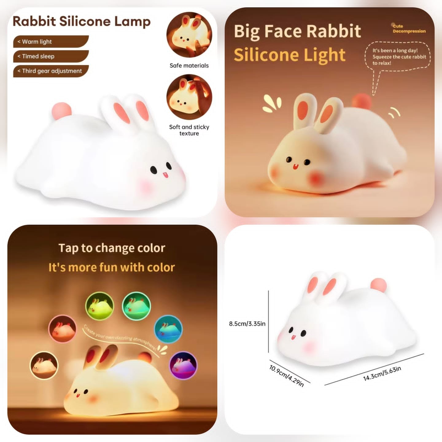 Cute Big Face Rabbit Silicone Night Light - Tap to Change Color, USB Rechargeable Squishy Bunny Lamp with Timer
